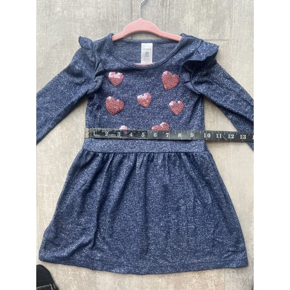 Toddler Girls Sequin Hearts Jersey Dress Lightweight Long Sleeve Blue Pink 2T